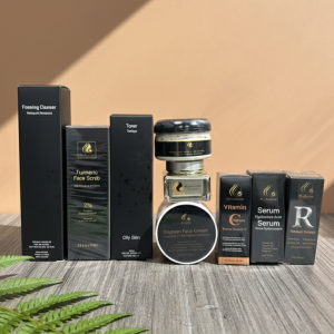 Pigmentation & Dark spots: Brightening Combo#9 (Foaming Cleanser,Brightening face cream, Toning Night Cream, Toner,Turmeric Clay Mask ,Face Scrub, Vitamin C, Retinol, Hyaluronic Acid Serum) (For oily skin)