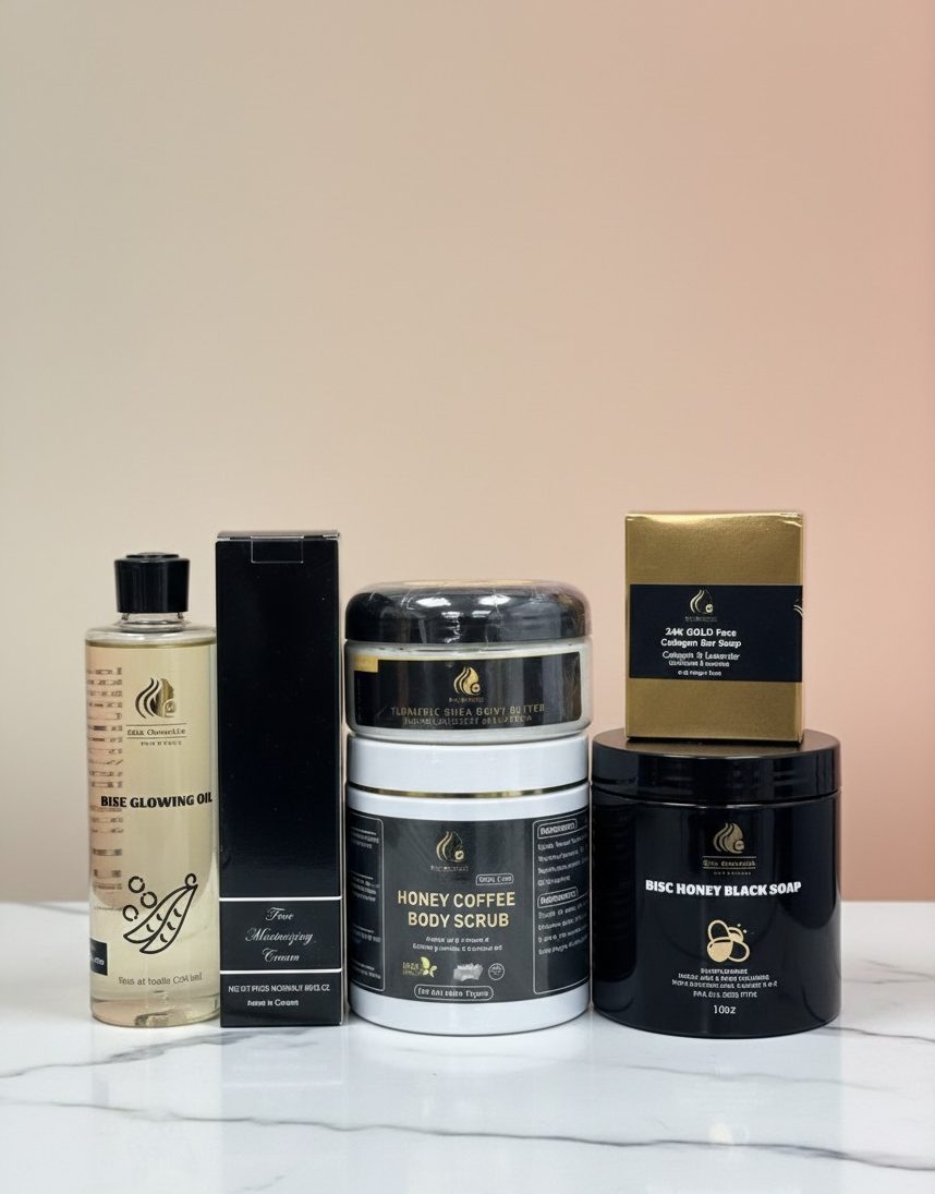 Turmeric Shea Butter Combo (Face cream 50ml, glow oil, 24k bar soap, scrub and Black soap)#6