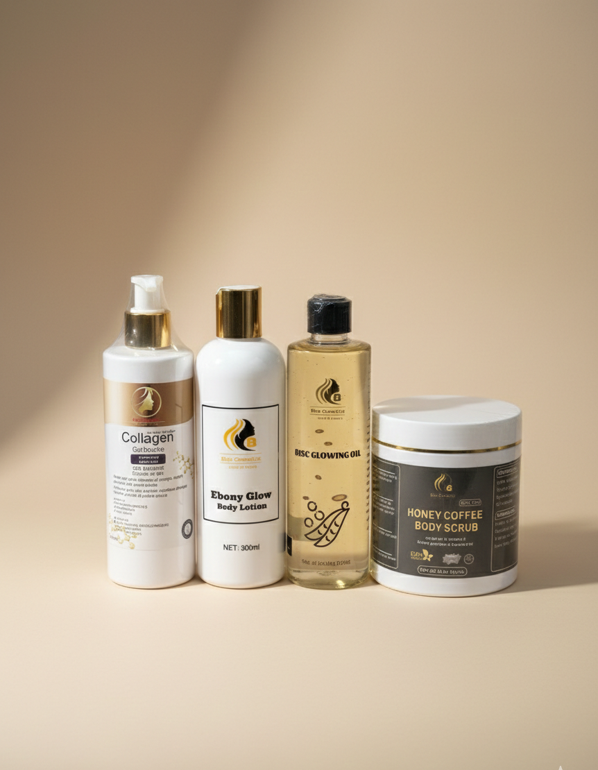 Ebony Glow Lotion Combo #4 ( Collagen Shower Gel, Ebony Glow Lotion, Glowing oil 250ml & Honey Coffee Body Scrub)