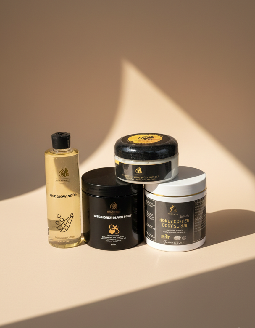 Ebony Turmeric Shea Butter Combo #4 ( Honey Black Soap, Glowing oil 250ml, Turmeric Shea Butter & Honey Coffee Body Scrub)