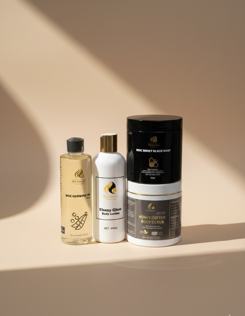 Ebony Glow Lotion Combo #4  ( Glowing oil 250ml, Ebony Glow Lotion, Honey Black Soap & Honey Coffee Body Scrub)
