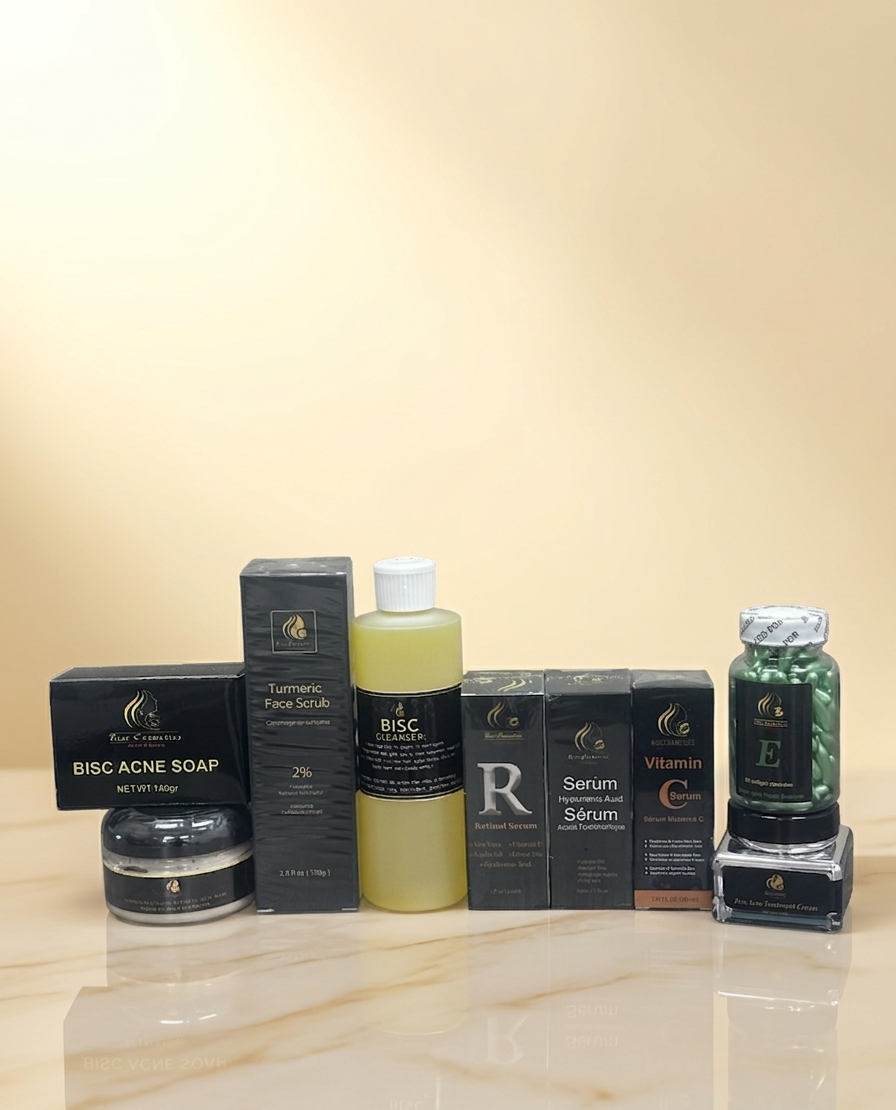 Hyperpigmentation Acne Combo Set #9 (All Skin Types) Acne soap, Turmeric Face Scrub, Hyperpigmentation Turmeric Clay Mask, BISC Cleanser 8oz, Retinol serum, Vitamin C serum, Hyaluronic Acid serum, Acne Treatment Cream & Vitamin E Skin Oil Capsules.
