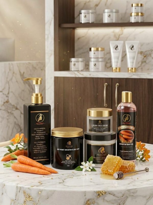 Glutathione face and body lotion #5 (Honey Brightening Black Soap, Brightening Body Scrub and Carotene Brigten Body Oil )