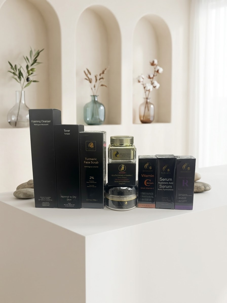 Pigmentation & Dark Spots Brightening Combo #9 (For Normal to Dry Skin)  Foaming cleanser, Toner, Turmeric face scrub, Toning night cream, Glutathione Vit C face cream, Hyperpigmentation Turmeric clay mask, Vit C Serum, Retinol Serum, Hyaluronic Acid Serum