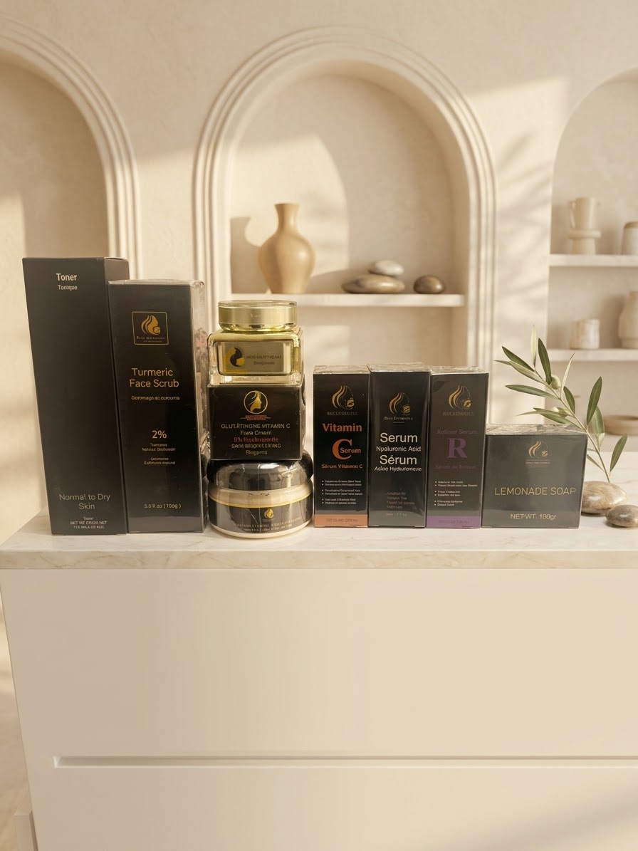 Pigmentation & Dark Spots Brightening Combo #9 (For Normal to Dry Skin) Toner, Turmeric face scrub, Toning night cream, Glutathione Vit C face cream, Hyperpigmentation Turmeric clay mask, Retinol Serum, Vit C Serum, Hyaluronic Acid Serum, Lemonade soap